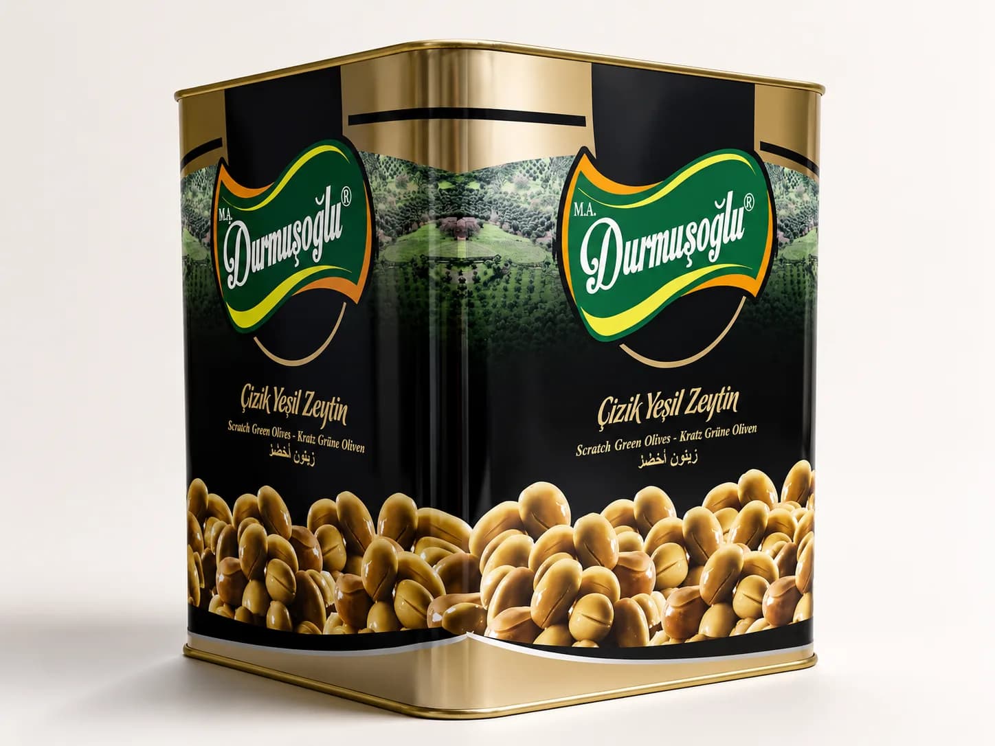 Scratched green olive tin packaging