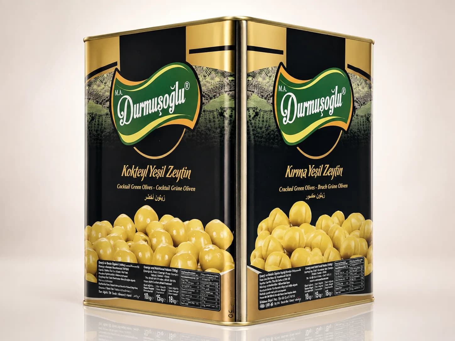 Kokteyl and cracked green olive tin packaging
