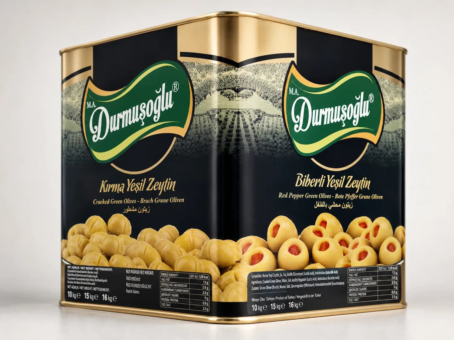 Kırma ve biberli yeşil zeytin teneke ambalajları
